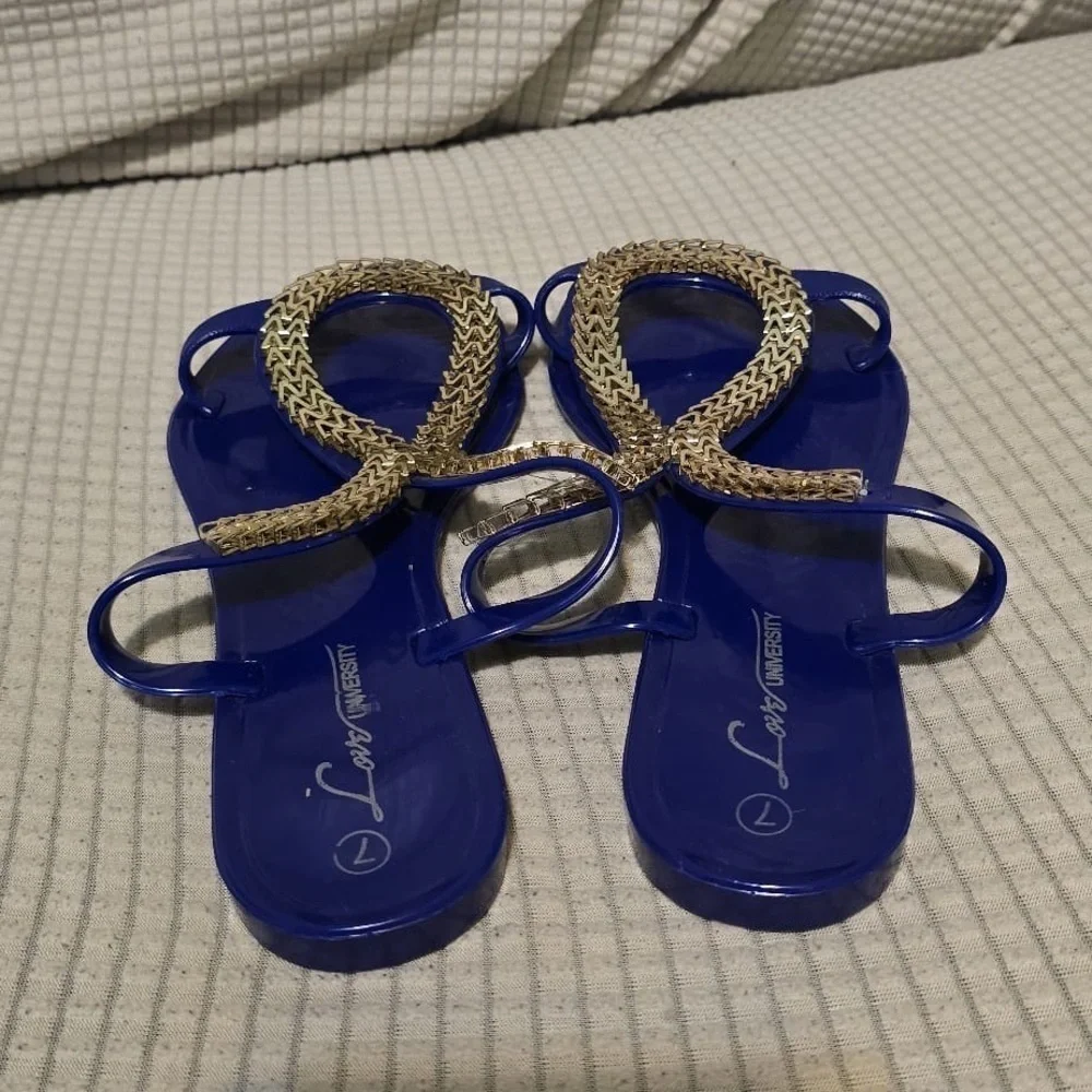 Chic Blue Sandals with Gold Detailing